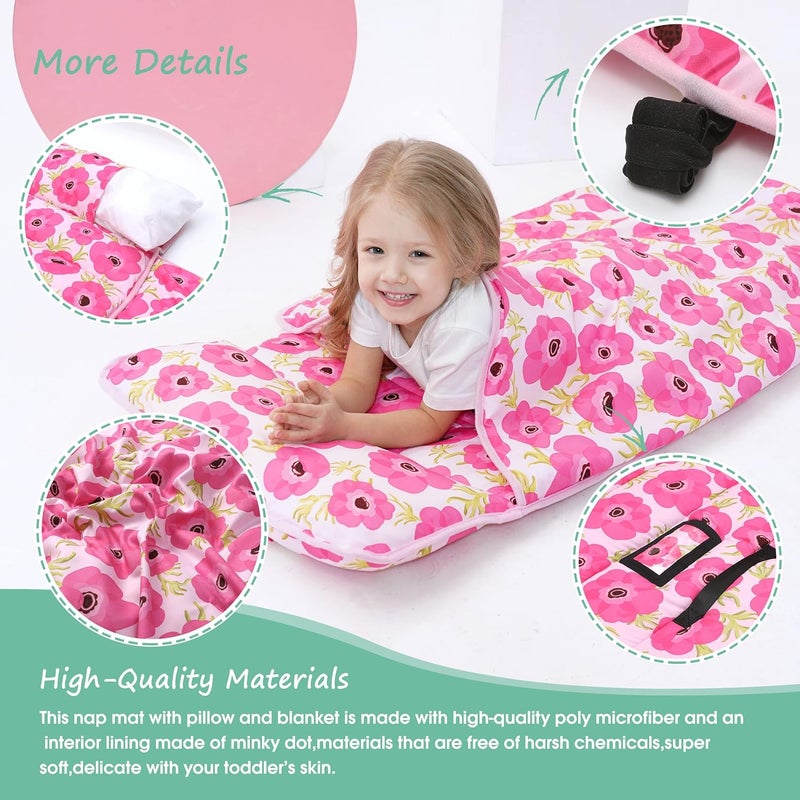 ACRABROS حصيرة نوم للأطفال مع وسادة وبطانية، حصائر نوم كبيرة الحجم، أكياس نوم للأولاد والبنات، حقيبة نوم للأطفال للرعاية النهارية، رياض الأطفال، السفر، التخييم، تصميم زهور غوشه - Image 4